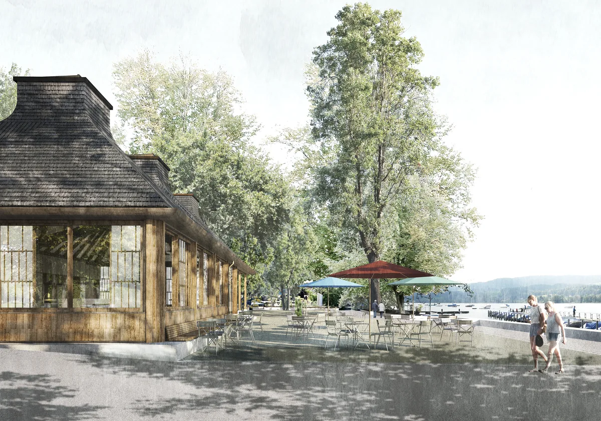 Visualisierung eines Restaurantbaus mit Terrasse am See.